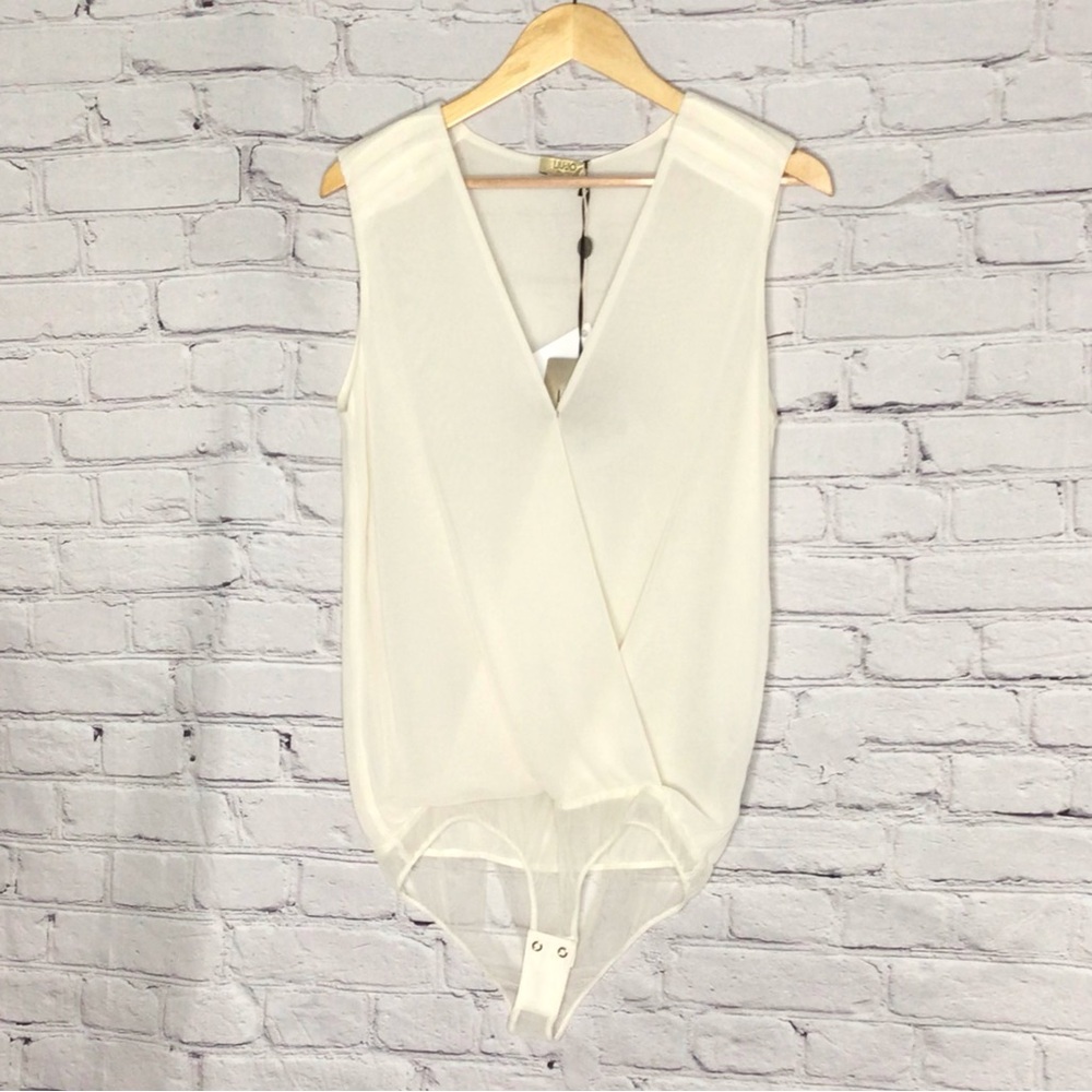 Lio Ju Milano White Milk Surplice V-Neck Sleeveless Sheer Bodysuit 46 XL NWT